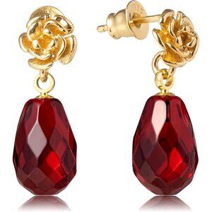 Cherry Red Amber Gold Plated Silver Dangle Earrings for Women